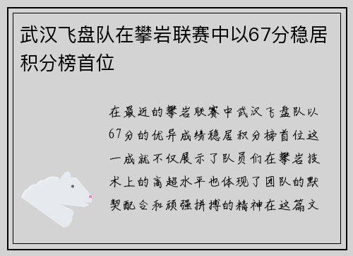 武汉飞盘队在攀岩联赛中以67分稳居积分榜首位