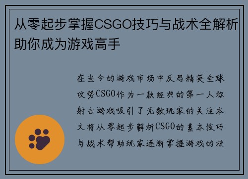 从零起步掌握CSGO技巧与战术全解析助你成为游戏高手 从零起步掌握CSGO技巧与战术全解析助你成为游戏高手